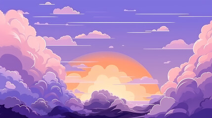 Evening cloudy sky purple. Anime style background with shining sun and white fluffy clouds. Sunny day sky scene cartoon vector illustration.