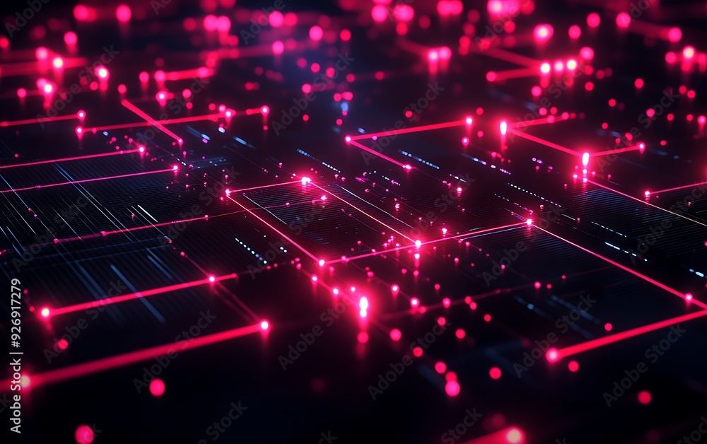 Poster visualization of cyber threat detection with intercepted data streams highlighted in red