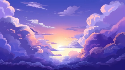 Evening cloudy sky purple. Anime style background with shining sun and white fluffy clouds. Sunny day sky scene cartoon vector illustration.