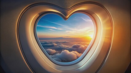 Heart shaped airplane window with soft illuminator for love travel concept, airplane, porthole, heart shaped, window