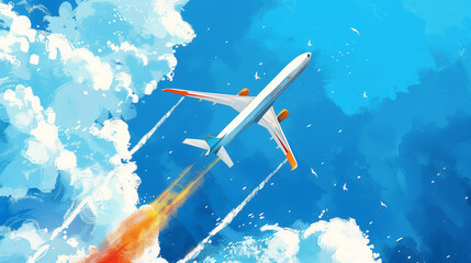 Obraz premium Dynamic illustration of an airplane launching into a vibrant blue sky with clouds
