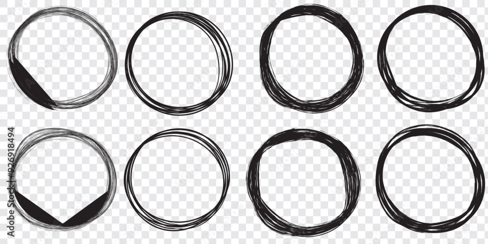 Poster hand drawn circle line sketch set circular vector image. vector brush strokes circles of paint on wh