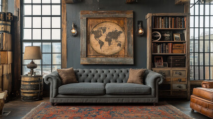 Metallic light fixtures and reclaimed wood pieces add character and authenticity to this industrial-inspired room.