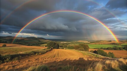 Obraz premium A double rainbow over a lush landscape after a storm, symbolizing hope and renewal, calm, storm, double rainbow, vibrant, landscape