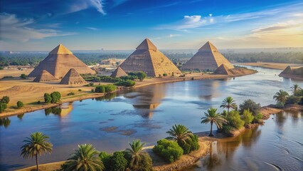 Pyramids in ancient Egypt surrounded by the flooding Nile River, pyramids, ancient, Egypt, flooding