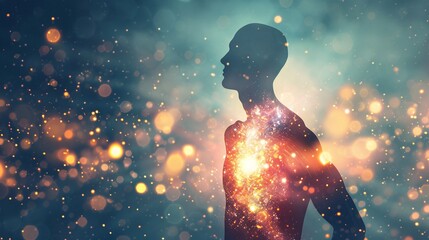 Fototapeta premium Human figure with a galaxy inside their chest, glowing with cosmic energy