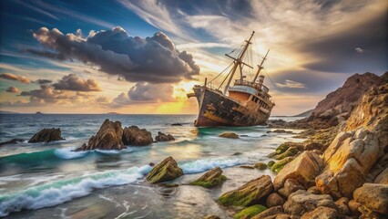 Fototapeta premium Shipwreck on jagged rocks, shipwreck, rocks, ocean, disaster, stranded, wreckage, nautical, maritime, accident, danger