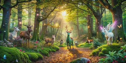 Fleecedeken met foto Enchanted forest with mythical creatures in a fantasy realm, fantasy, realm, enchanted, forest, mythical, creatures, unicorn © sarinya