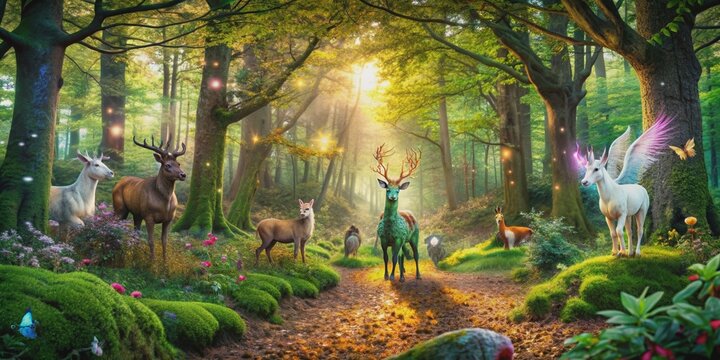 Fototapeta Enchanted forest with mythical creatures in a fantasy realm, fantasy, realm, enchanted, forest, mythical, creatures, unicorn