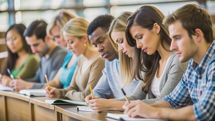 Students focused during a university lecture, writing notes and absorbing information, students, university