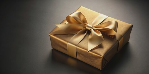 Elegant gold gift box with satin ribbon on dark background , luxury, present, celebration, special occasion, surprise