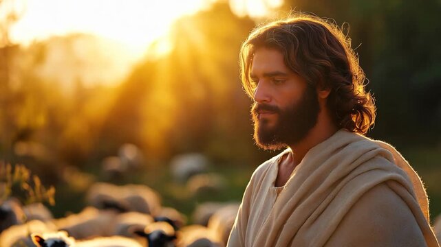  Jesus sitting among hoard of sheep in pastoral landscape with sunlight