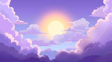 Fototapeta premium Evening cloudy sky purple. Anime style background with shining sun and white fluffy clouds. Sunny day sky scene cartoon vector illustration.