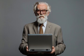 Professional mature businessman using laptop computer in a studio setting for work