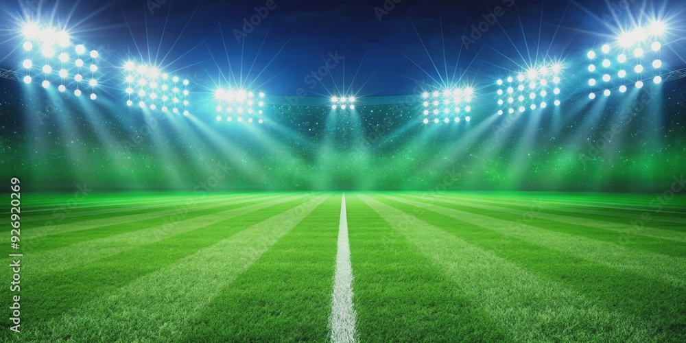 Wall mural Football field with bright green grass and vibrant lights