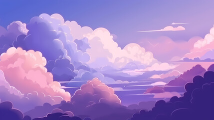 Fototapeta premium Evening cloudy sky purple. Anime style background with shining sun and white fluffy clouds. Sunny day sky scene cartoon vector illustration.