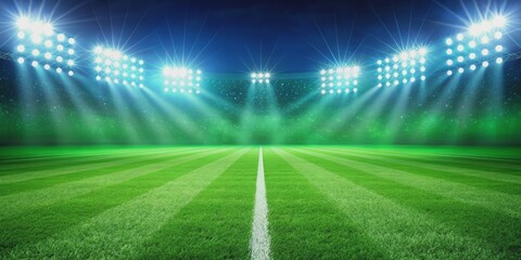Football field with bright green grass and vibrant lights