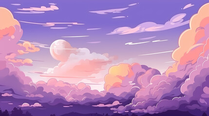 Evening cloudy sky purple. Anime style background with shining sun and white fluffy clouds. Sunny day sky scene cartoon vector illustration.