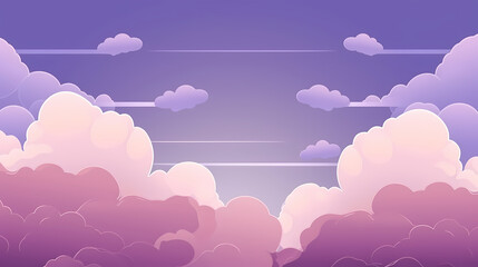 Fototapeta premium Evening cloudy sky purple. Anime style background with shining sun and white fluffy clouds. Sunny day sky scene cartoon vector illustration.