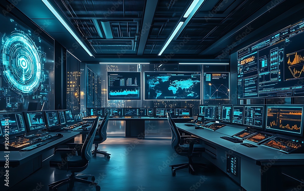 Aufkleber futuristic control room monitoring real-time malware prevention systems