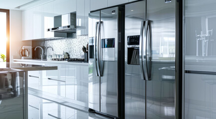 A kitchen with a stainless steel refrigerator and oven