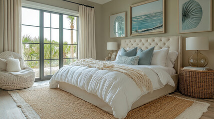 Soft sandy colors and marine-themed decor transform this room into a tranquil retreat reminiscent of a beach getaway.