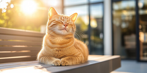 A cute, plump orange cat sits on a bench in front of an office building with his eyes closed