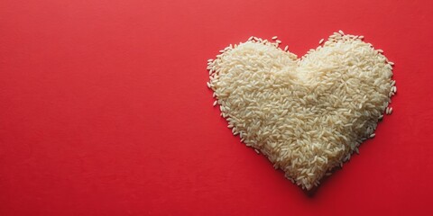 Heart-shaped rice grains arranged to form a heart on a red background, food, rice, grains, heart, love, Valentine's Day