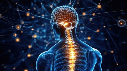 Nervous system, brain and spinal cord highlighted, intricate neuron pathways, 3D illustration