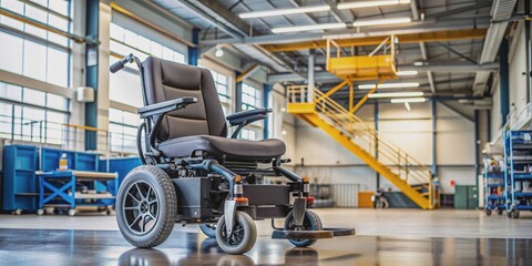 Powered wheelchair parked inside a workshop, wheelchair, workshop, equipment, mobility aid, disabled