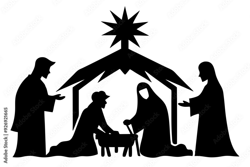 Wall mural nativity scene silhouette, christmas, nativity christmas scene vector illustration