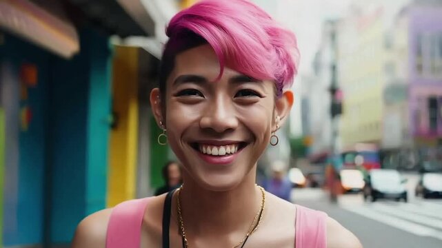 Asian non-binary man smiling on a street