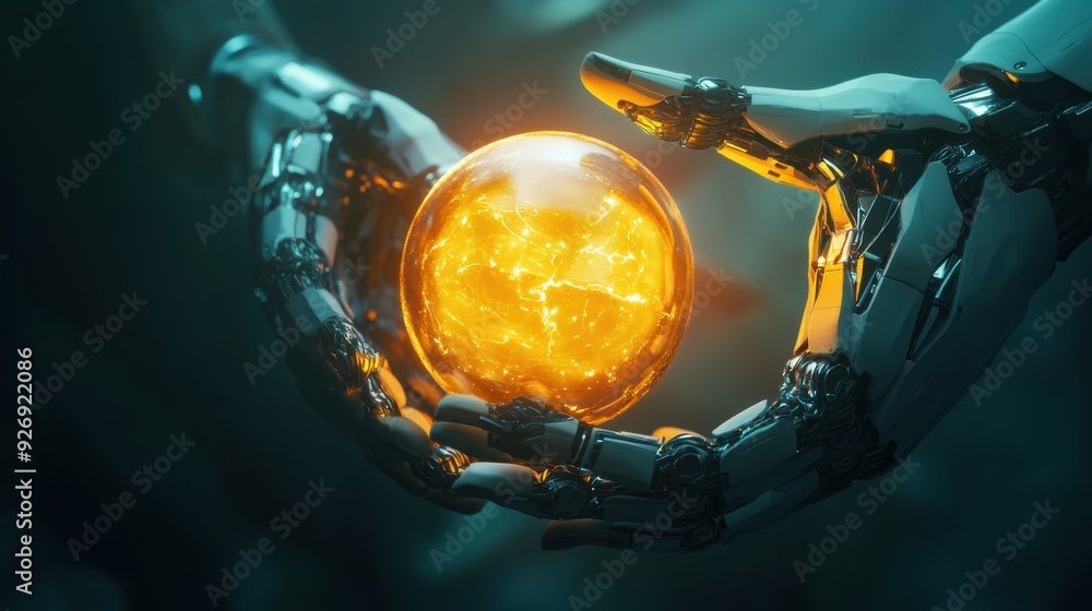 Poster illuminating the future: abstract 3d illustration of robotic hands embracing a glowing orb symbolizi