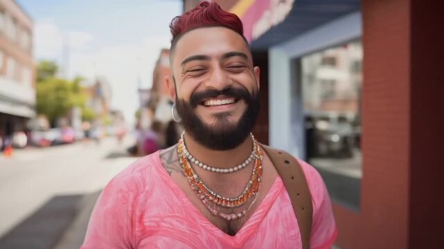 LGBTQ man smiling happy on a street