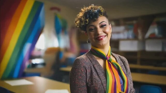 LGBTQ female teacher smiling at a classroom