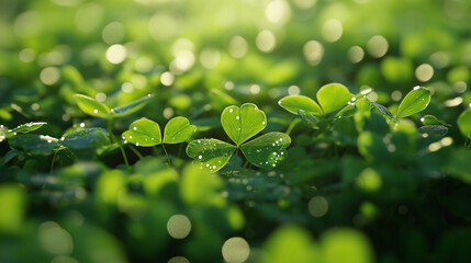 3D render of a beautiful green clover field with dew drops on the leaves. St. Patrick's Day background