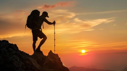 Silhouette of a hiker at sunset