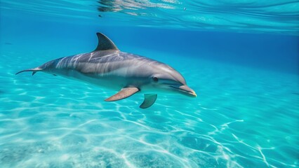 Fototapeta premium Dolphin gracefully swimming in clear blue water, dolphin, marine, ocean, mammal, wildlife, aquatic, water, underwater, graceful