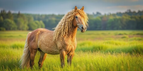 Curly haired Bashkir horse standing in a field, Bashkir, curly, horse, animal, mammal, equine, curly coat, unique, rare breed, Russia