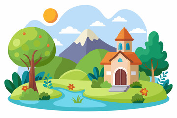 Fototapeta premium A Cartoon Cottage in a Picturesque Green Landscape with a River