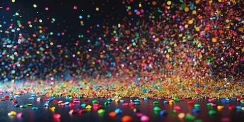 Colorful confetti glitters falling on black background, party, celebration, shiny, vibrant, festive, texture, abstract, decoration