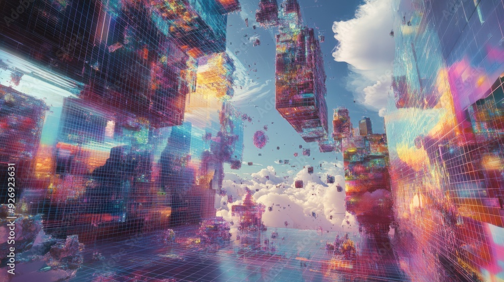 Poster Digital Grid Disintegration Unveiling a Vibrant World - Abstract 3D Illustration of Reality Shift