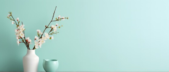 Minimalist pastel blue background with delicate branch, evoking simplicity and elegance.