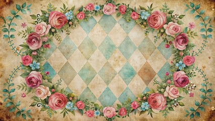 Alice in Wonderland inspired watercolor floral frame on grunge diamond Victorian background, Alice in Wonderland, watercolor