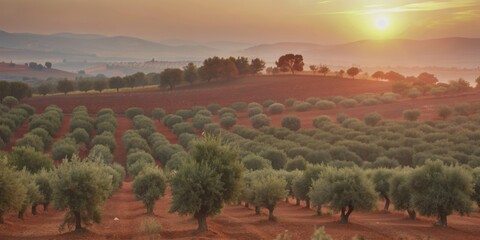 Olive trees in sunrise light over Mediterranean landscape, Olive trees, sunrise, golden light, shadows, tranquil