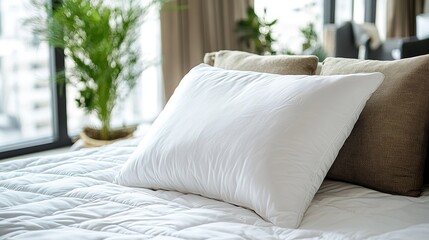 Elegant white pillow resting on a plush cozy bed, embodying comfort and relaxation in a serene bedroom setting. Luxury bedding and home decor concepts.