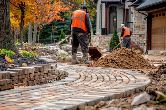 Home landscaping contractors constructing interlock driveway with paving stones at business site