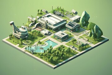 Detailed Isometric 3D Model of a Modern City Block with Parks and Buildings, Showcasing Urban Planning and Green Spaces