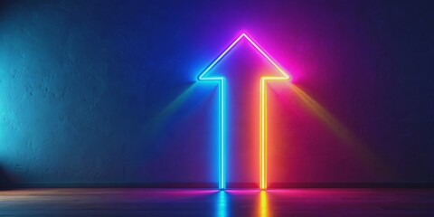 Colorful neon ascending arrow on abstract minimalist geometric background, render, abstract, minimalist, geometric
