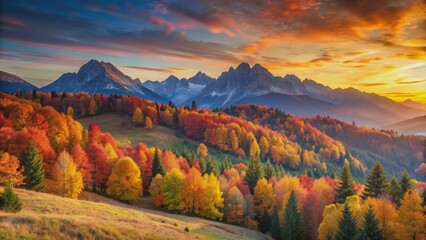 Vibrant autumn landscape in mountain range at sunrise, colorful, autumn, landscape, mountains, sunrise, vibrant